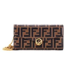 FENDI Zucca FF Embossed Leather Continental Wallet Chain Brown Black AUTHENTIC